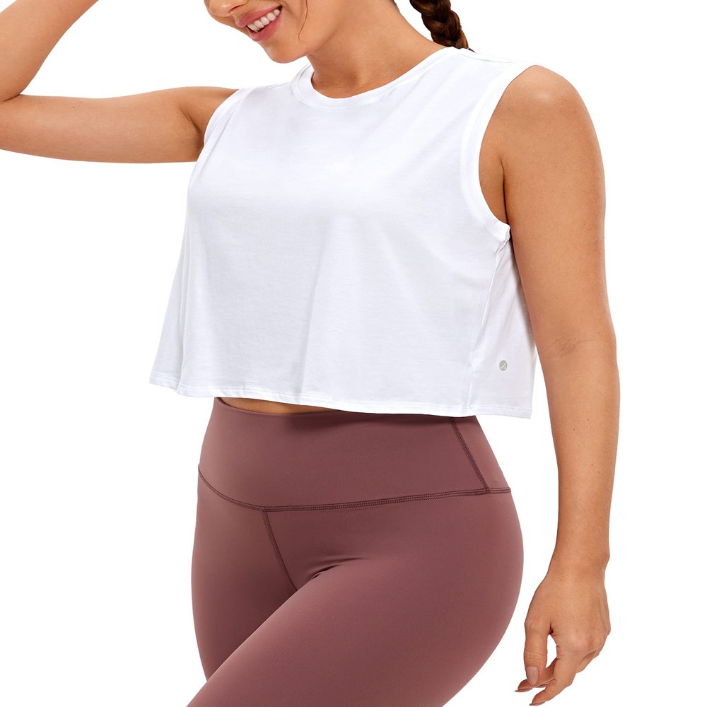 CRZ YOGA Pima Cotton Cropped Tank Tops for Women Workout Crop Top Sleeveless Athletic Shirts Loose Yoga Tops White X-Large