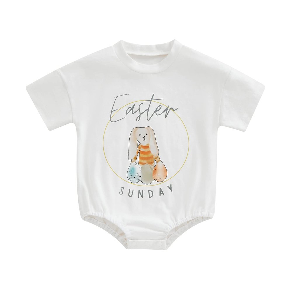 Baby Easter Outfit Newborn Girl Boy Bunny Letter Print Romper Tops Short Sleeve Shirt 1st Easter Summer Clothes (White Easter Sunday,0-3 Months)