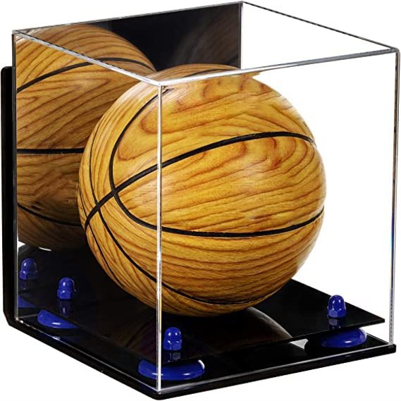 Better Display Cases Acrylic Mini - Miniature (not Full Size) Basketball Display Case with Mirror Case, Dark Blue Risers, Wall Mount and Black Base (B03/A015)