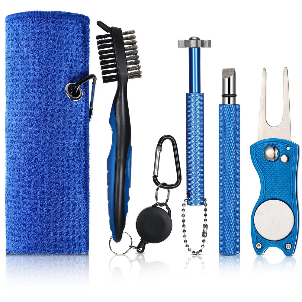 Bokon 5 Pcs Golf Cleaning Kit, Golf Towel, Retractable Golf Club Brush, Golf Club Groove Sharpener for U and V Grooves, Divot Repair Tool, Golf Accessories for Golf Ball Lover Gifts