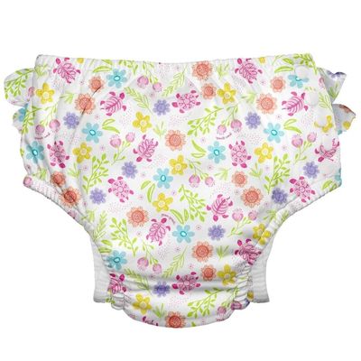 i play. by green sprouts Reusable, Eco Snap Ruffled Swim Diaper with Gussets, UPF 50, 4T, White Turtle Floral, Patented Design, STANDARD 100 by OEKO-TEX Certified