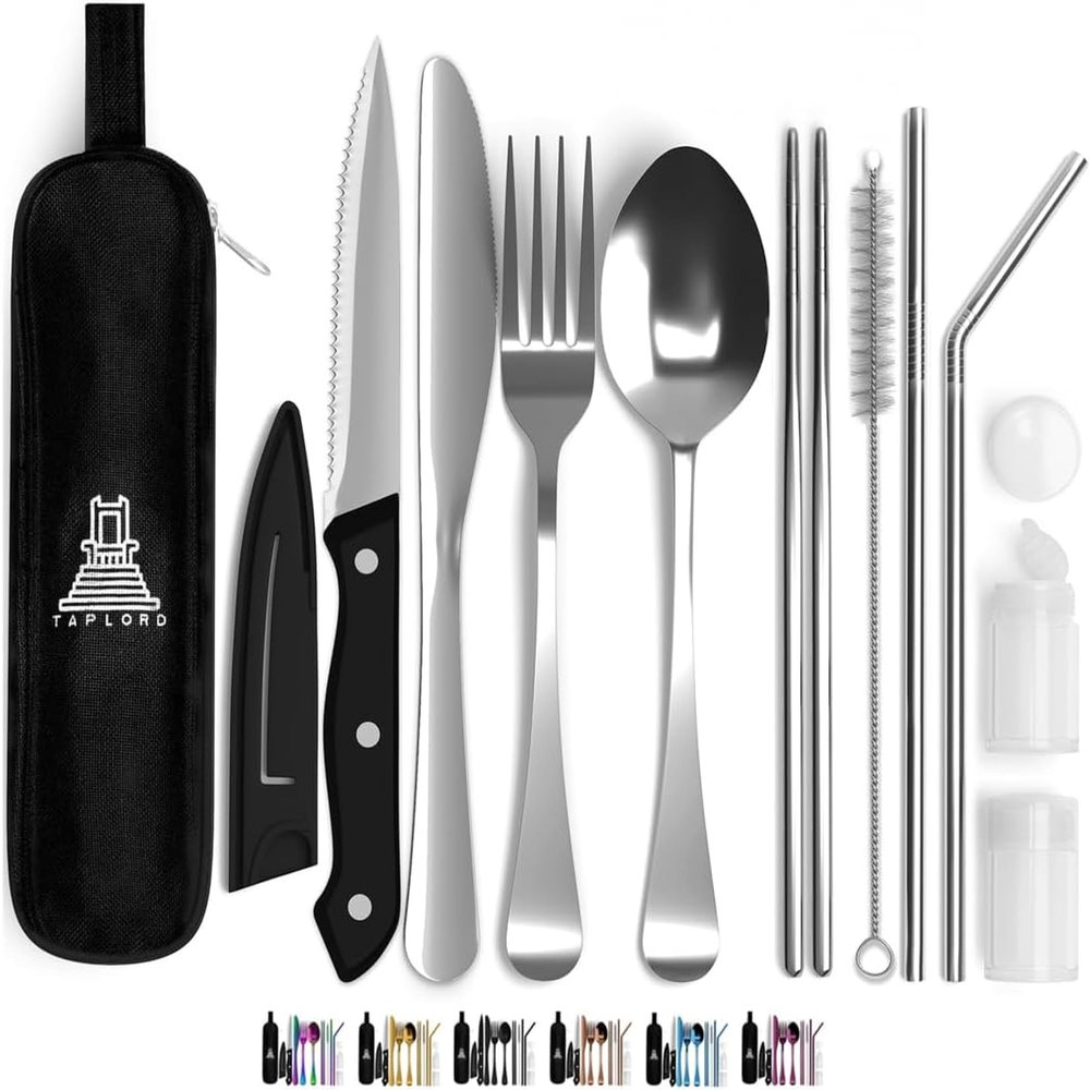 Taplord Portable Travel Silverware Set With Case, Includes 10 Pcs of Travel Utensils With Case, Stainless Steel Flatware Set For Camping, Lightweight (Silver)