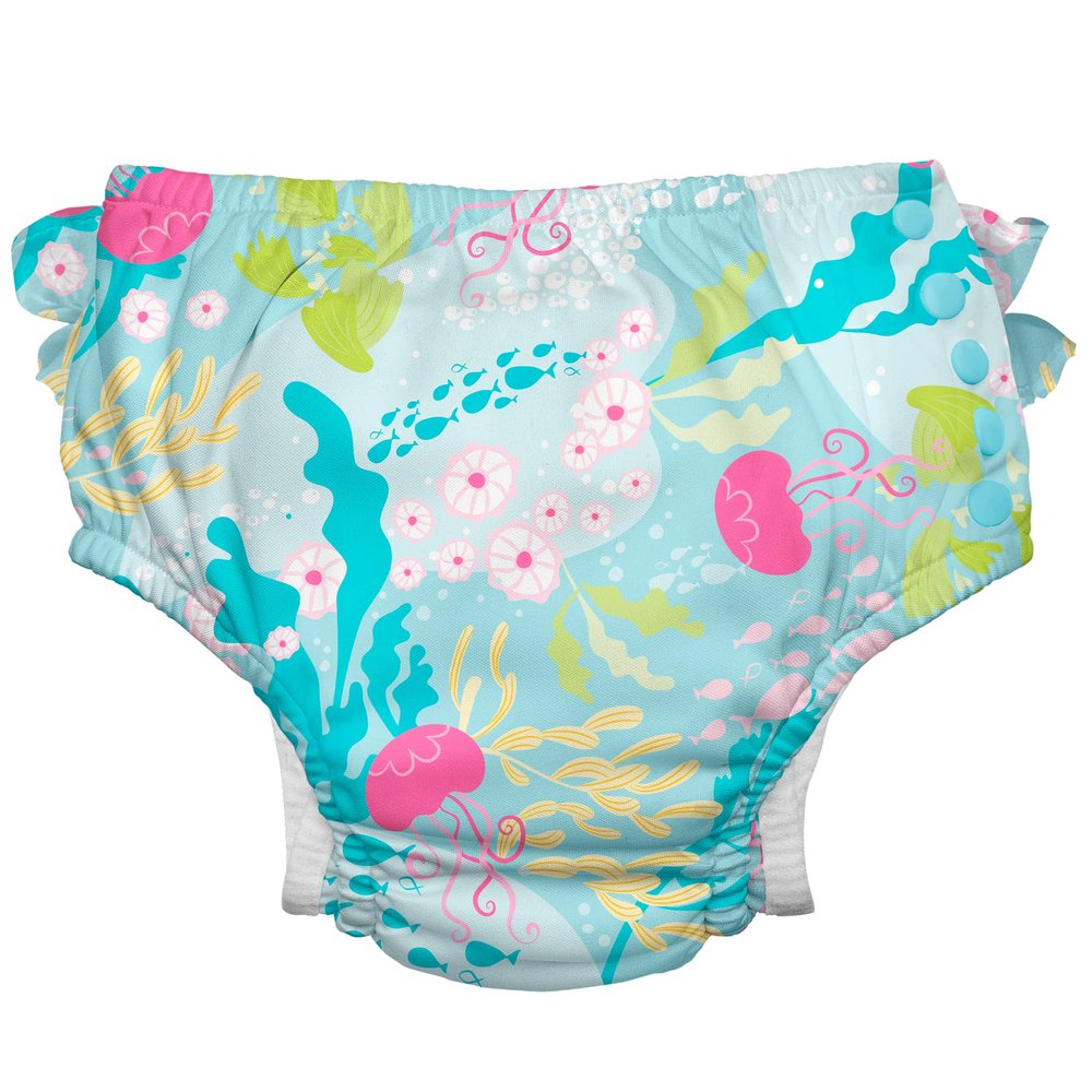 i play. by green sprouts Reusable, Eco Snap Ruffled Swim Diaper with Gussets, UPF 50, 4T, Aqua Coral Reef, Patented Design, STANDARD 100 by OEKO-TEX Certified