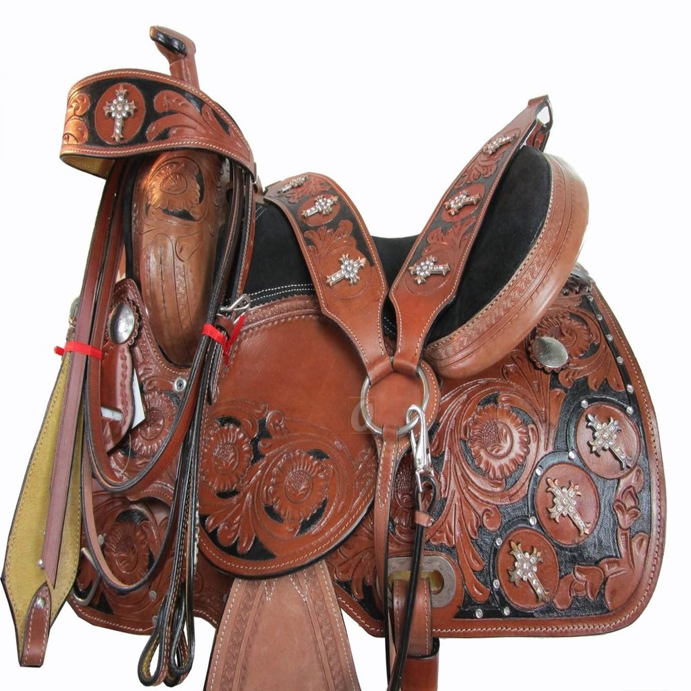 Western Barrel Saddle Horse Racing Show Cross Decorated Pleasure Trail Floral Tooled Leather Cowboy TACK 15 16 17 18 (16 Inch)