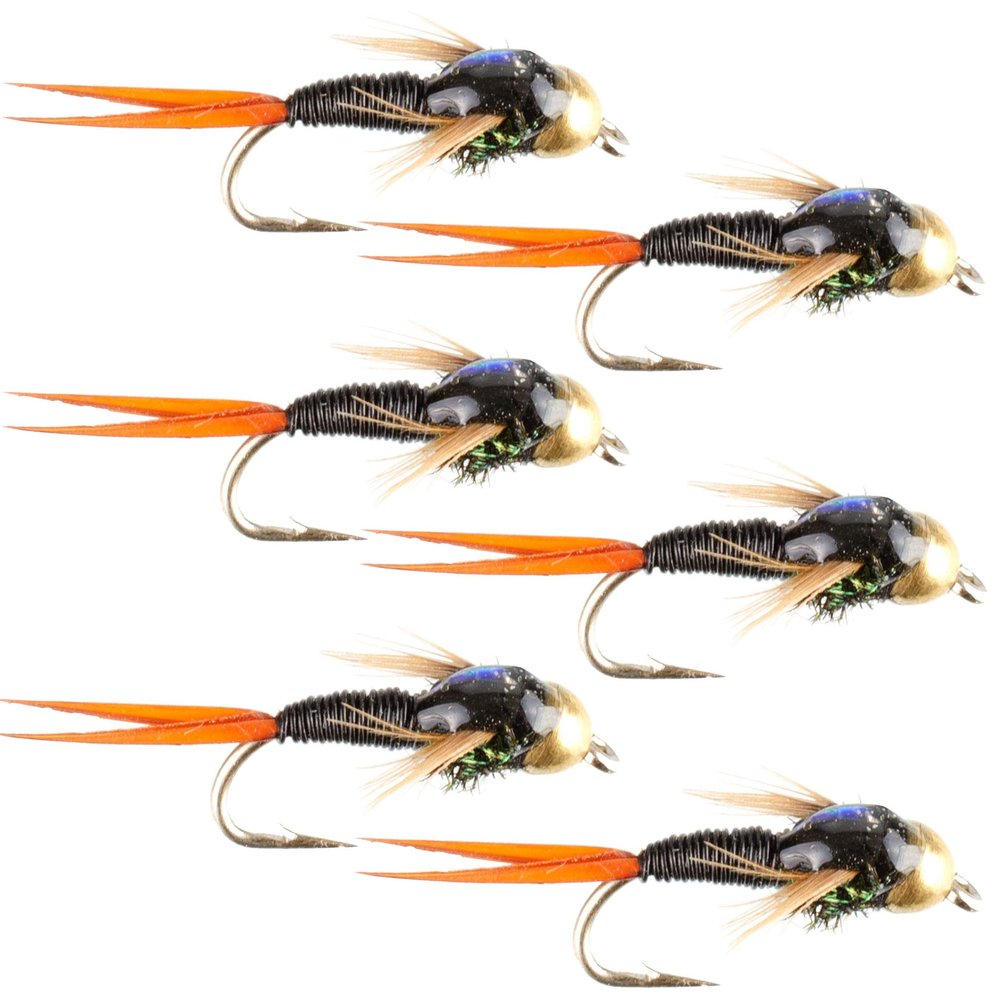 The Fly Fishing Place Tungsten Bead Head Black Copper John Nymph Fly Fishing Flies - Set of 6 Flies Hook Size 14