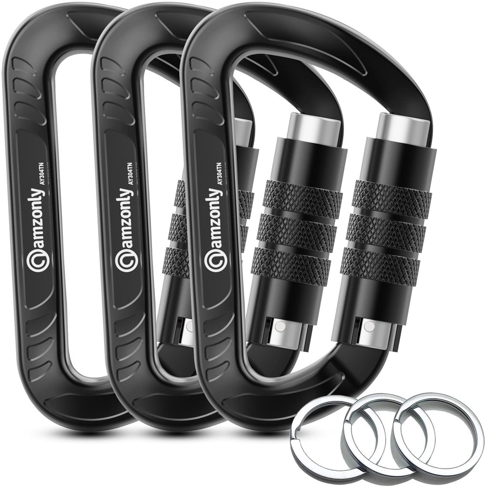 3inch Auto Locking Carabiner Clips Heavy Duty, 12KN /2697lbs Lightweight Keychain carabiners, Sturdy Twist Lock Caribeeners for Camping Hiking Hammock Swing Backpack, Dog Leash and Harness etc, Black