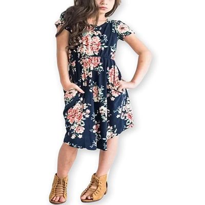 21KIDS Girls Floral Casual Short Sleeve Short Dress Maxi Dress with Pockets, Dark Blue, 14 Years