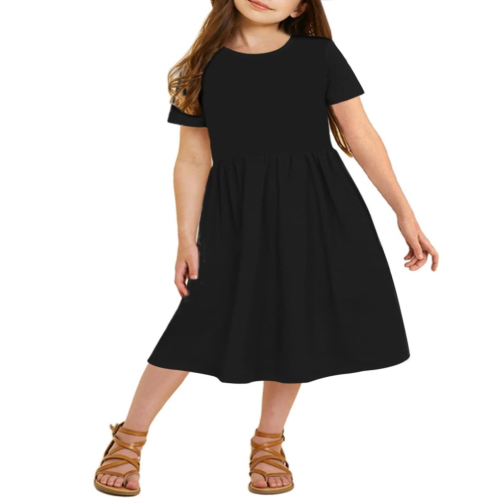 21KIDS Girls Solid Midi Dress Kids Casual Short Sleeve Tshirt Dress with Pockets, Black, 10 Years