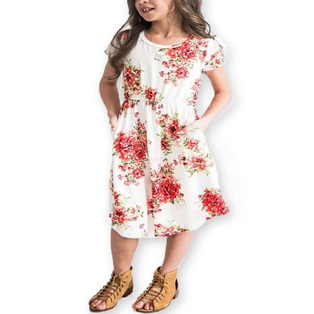 21KIDS Girls Floral Casual Short Sleeve Short Dress Maxi Dress with Pockets, White,14 Years