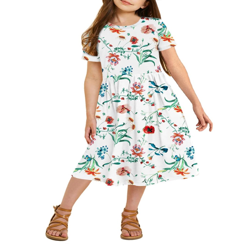 21KIDS Girls Floral Dress Kids Casual Short Sleeve Midi Dress with Pockets, White, 14 Years