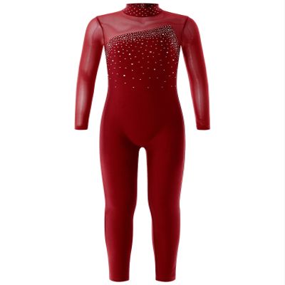CHICTRY Ice Skating Jumpsuit Rhinestone Mock Neck Competition Figure Skating Dance Costume for Girls Burgundy 14 Years
