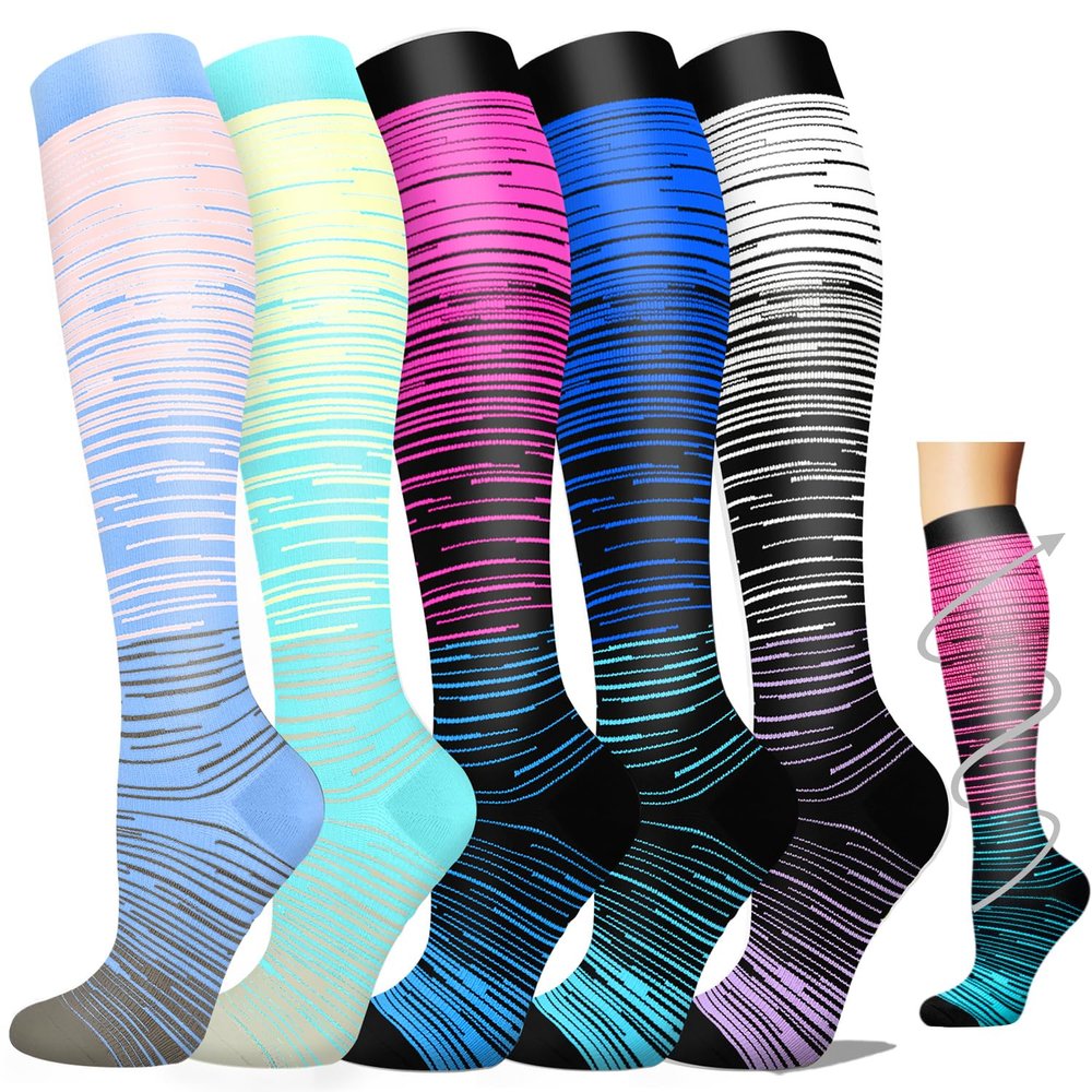 5 Pairs Compression Socks for Men & Women 20-30 mmHg Graduated Compression Pressure Stockings for Circulation Edema Swelling on Sale Discount Deals Helper Gifts Bulk Clearance(Stripe 03,L-XL)