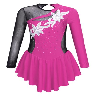 CHICTRY Kids Girls Figure Ice Skating Dress Shiny Rhinestone Gymnastics Leotard Dress Ballet Dance Costume Hot Pink 12 Years