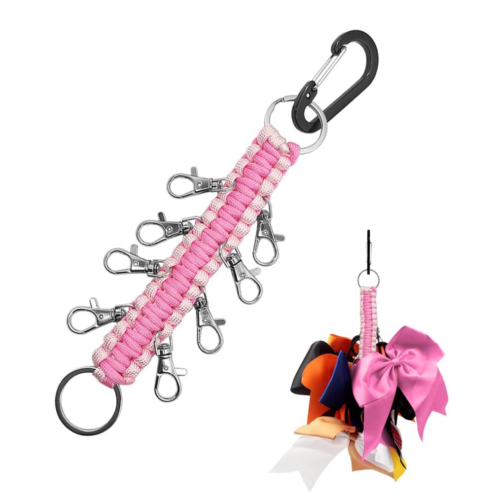 Hooshing Cheer Bows Holder, Handmade Carabiner Paracord Keychain for Teen Girls Cheerleading Sports, Pink