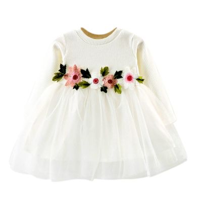 Newborn Baby Girl Clothes Ruffle Round Neck Long Sleeve Mesh Embroidered Tulle Dress Little Girl (White, 12-18 Months)
