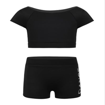 Duoremi Kids Girls Two-Piece Ballet Dance Dress Gymnastics Leotard Crop Tops with Booty Sports Sportswear Black 12-14 Years