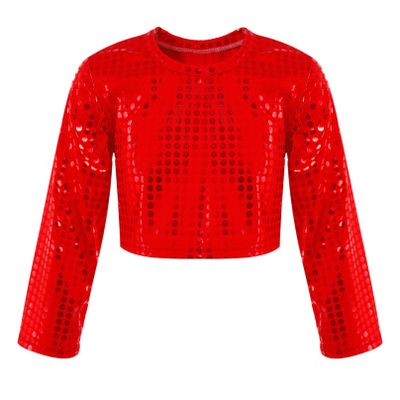 Agoky Kids Girls Boys Sequin Long Sleeve Dance Tops Shinny Gymnastic Tee Hip Hop Outfits Shirts Red 9-10 Years