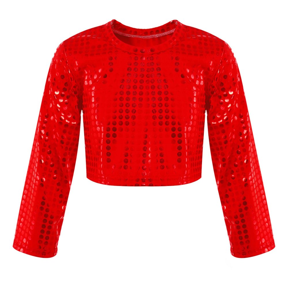 Agoky Kids Girls Boys Sequin Long Sleeve Dance Tops Shinny Gymnastic Tee Hip Hop Outfits Shirts Red 9-10 Years