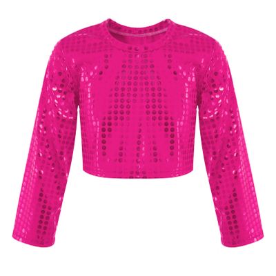 Agoky Kids Girls Boys Sequin Long Sleeve Dance Tops Shinny Gymnastic Tee Hip Hop Outfits Shirts Hot Pink 3-4 Years