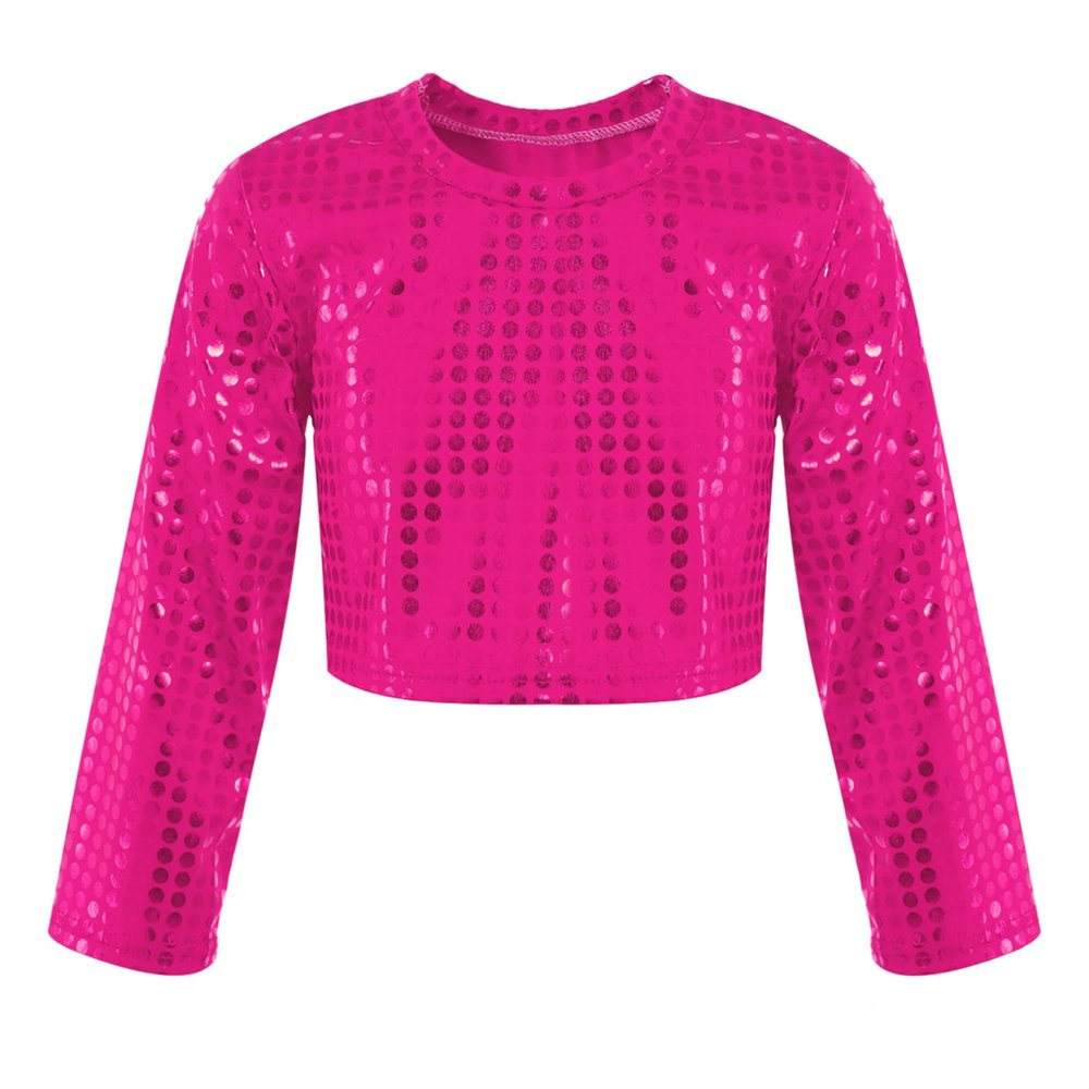Agoky Kids Girls Boys Sequin Long Sleeve Dance Tops Shinny Gymnastic Tee Hip Hop Outfits Shirts Hot Pink 3-4 Years
