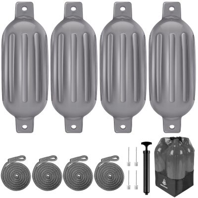 Dreizack Boat Fenders 4 Pack 6.5"x23", Boat Bumpers for Docking with 4 Ropes, Inflatable Ribbed Marine Pontoon Boat Fender Bumper for Docks with 1 Storage Bag, 1 Air Pump and 4 Needles, Grey