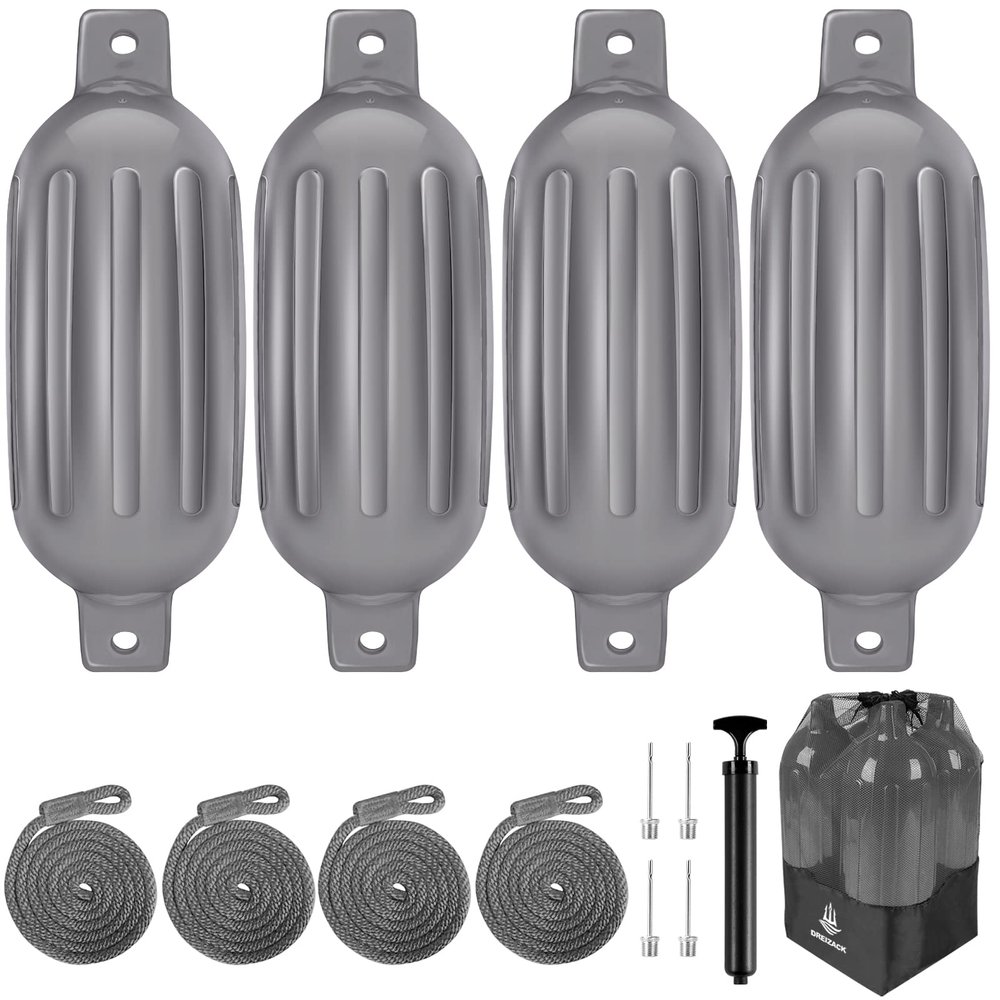 Dreizack Boat Fenders 4 Pack 6.5"x23", Boat Bumpers for Docking with 4 Ropes, Inflatable Ribbed Marine Pontoon Boat Fender Bumper for Docks with 1 Storage Bag, 1 Air Pump and 4 Needles, Grey