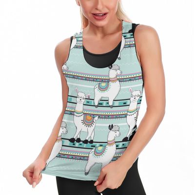 Cute Cartoon Llama on Blue Womens Tank Tops U Neck Undershirt Casual Workout Sleeveless T-Shirts S