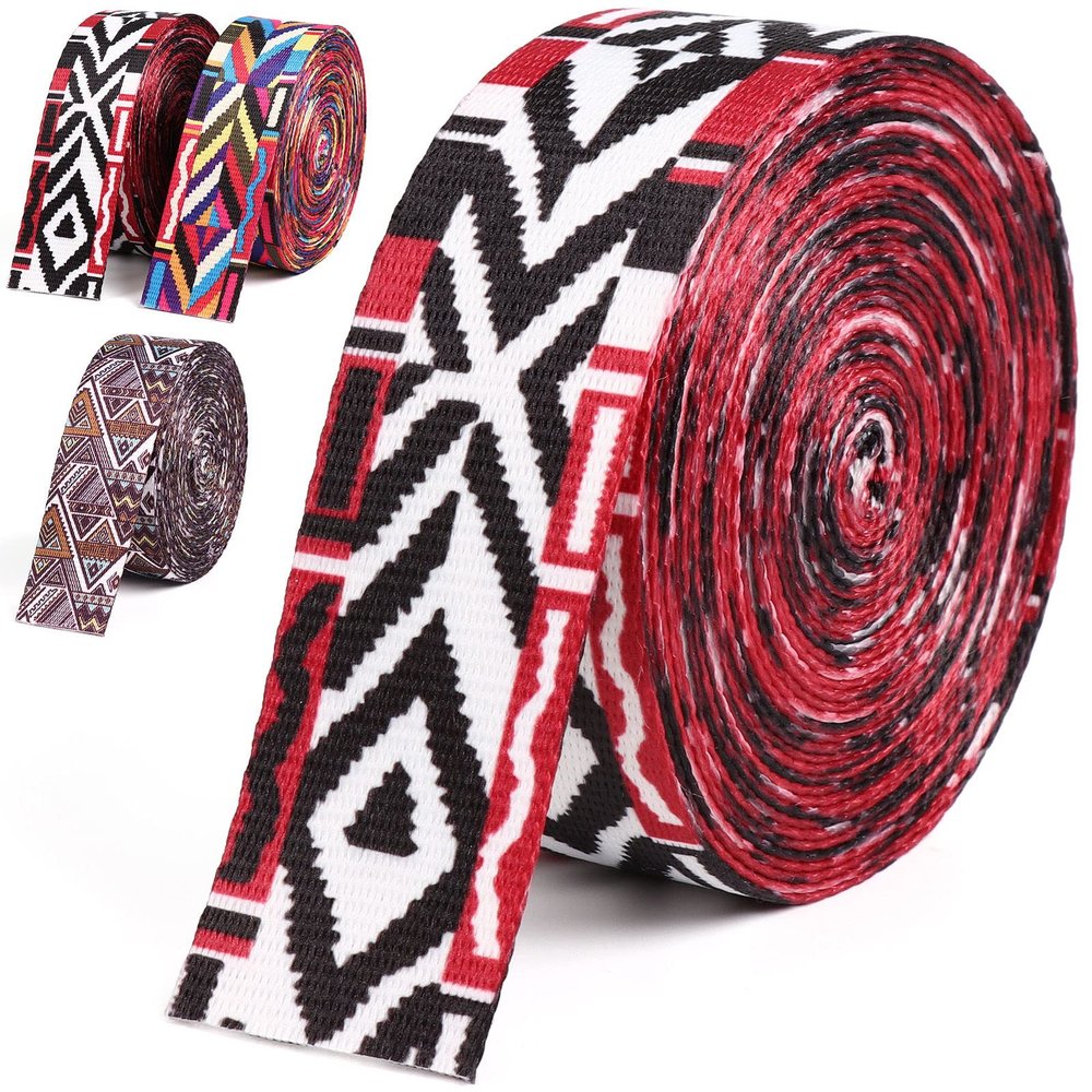 PECMER Nylon Webbing 1.5 Inch Colorful Ethnic Bohemian Webbing for Straps Purse Straps Backpack Straps Luggage-Single-Sided Pattern-38MM-1 1/2" (Red Black)