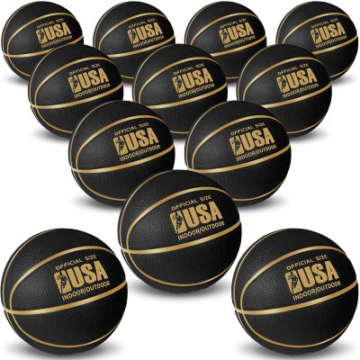 Lenwen Official Size Basketball Size 7 Black Gold Printed Rubber Basketball with Pump for Indoor Outdoor Game Practice Training Youth Adults(12 Pieces)