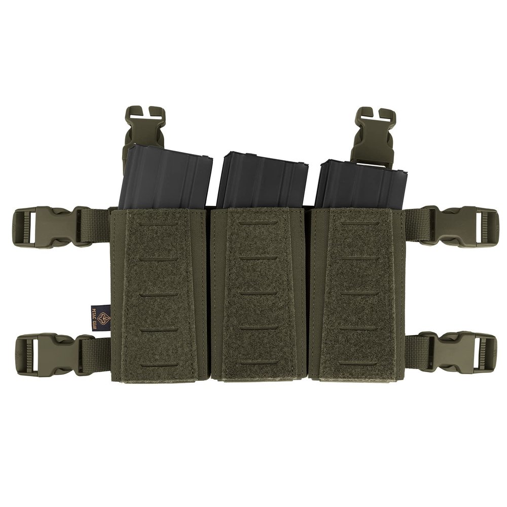 Tactical Triple Mag Pouch,Placard 5.56 Magazine Panel with Insert Set Clip Holder with Hook Backing and Female QASM Buckles. (Ranger Green)