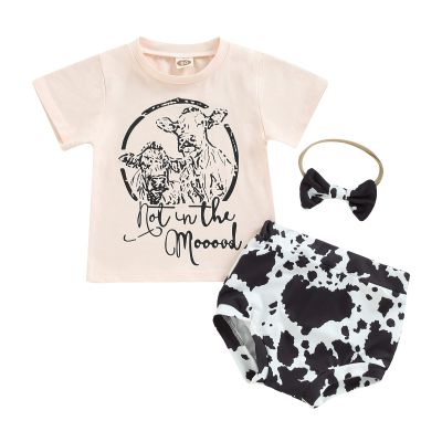 Western Baby Girl Clothes Boho Cow Print Short Sleeve T Shirt Top + Bloomer Shorts Set Infant Summer Outfits (B-Beige, 18-24 Months)