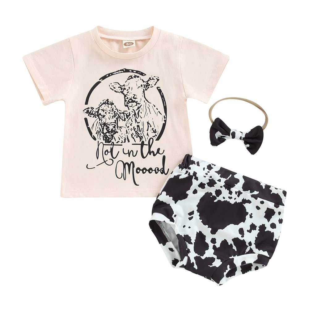 Western Baby Girl Clothes Boho Cow Print Short Sleeve T Shirt Top + Bloomer Shorts Set Infant Summer Outfits (B-Beige, 18-24 Months)