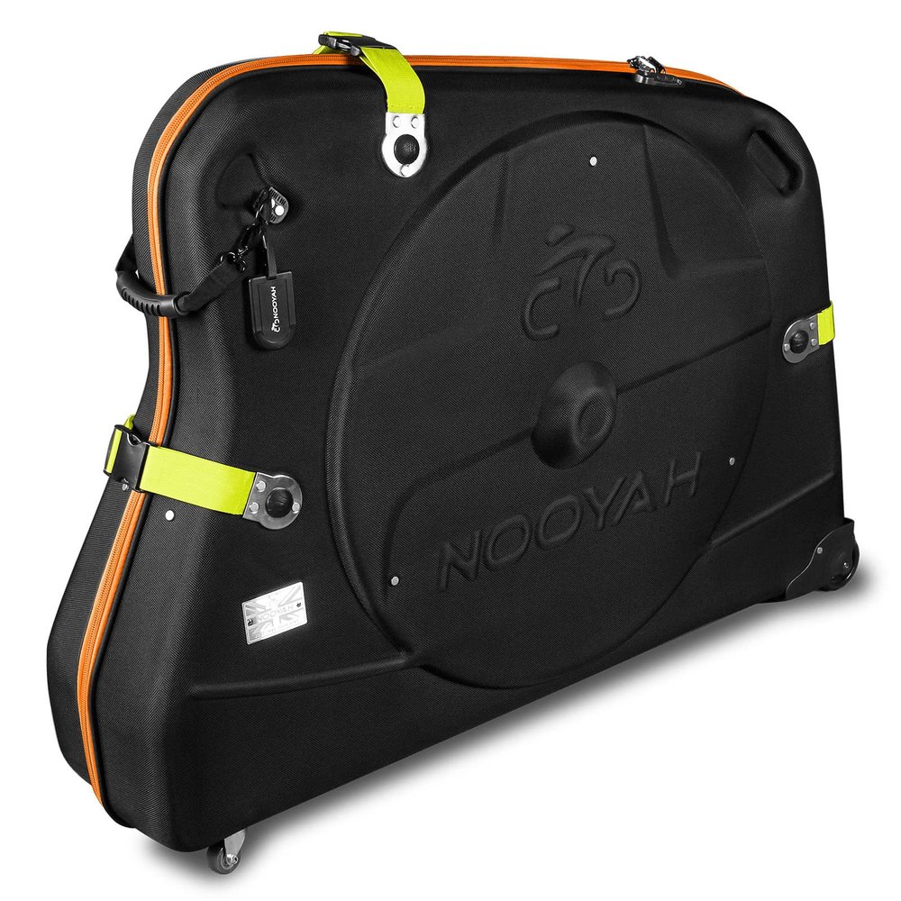 NOOYAH Bike Travel Case Hardshell Bicycle Airplane Travel Bag Lightweight & Durable Cycling EVA Pod with TSA Lock for Road and MTB Bikes Transport (Black/Orange Zipper)