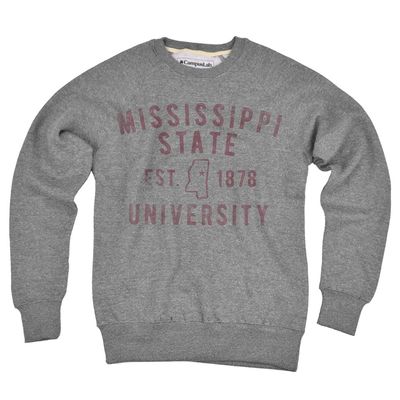 Campus Lab Mississippi State University Bulldogs Simple State Design Unisex Adult Slim Fit Crewneck Sweatshirt, Athletic Heather, Small