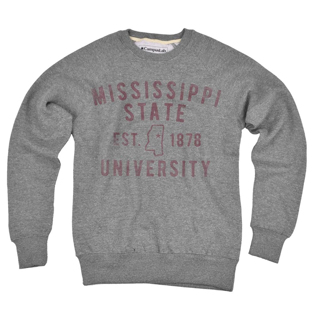 Campus Lab Mississippi State University Bulldogs Simple State Design Unisex Adult Slim Fit Crewneck Sweatshirt, Athletic Heather, Small