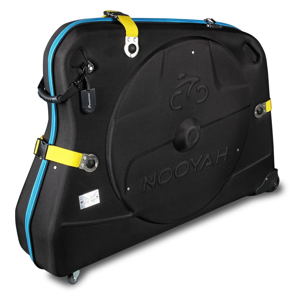 NOOYAH Bike Travel Case Hardshell Bicycle Airplane Travel Bag Lightweight & Durable Cycling EVA Pod with TSA Lock for Road and MTB Bikes Transport (Black/Blue Zipper)