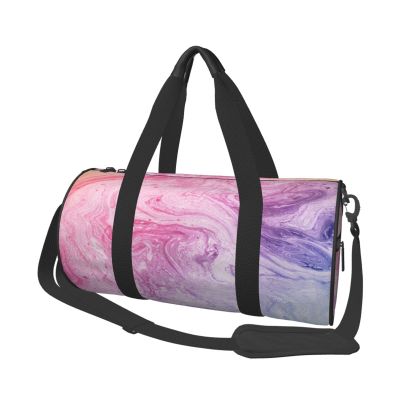 Casual Large Capacity Round Colorful Marble Pastel Pink Blue Purple Duffel Bag, Sports Training Round Bag, Cylinder Bag