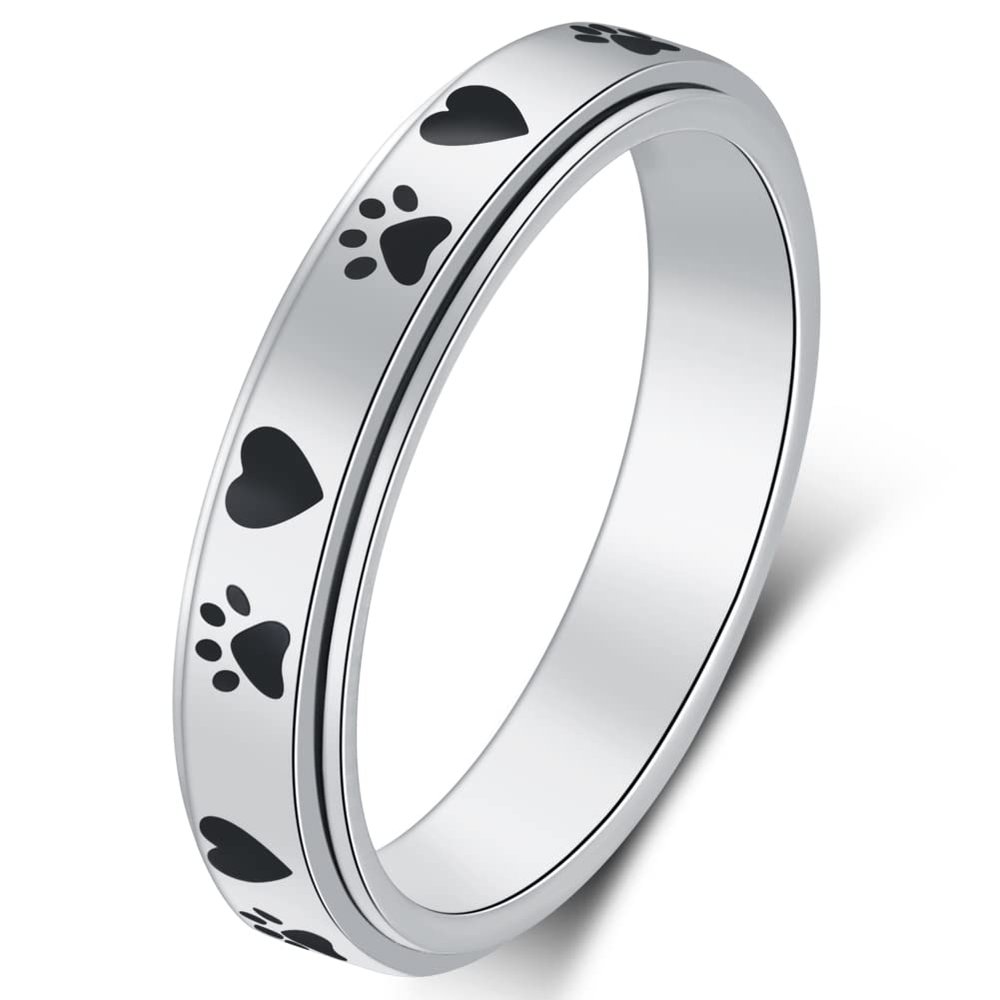 AmorArtSky Spinner Ring for Anxiety Relief Fidget:Puppy Pet Lovers Paw Print Anxiety Ring for Women, Titanium Stainless Steel Spinner Ring,Love Dog Cat Claw Ring Pet Loving Friend Families Gifts