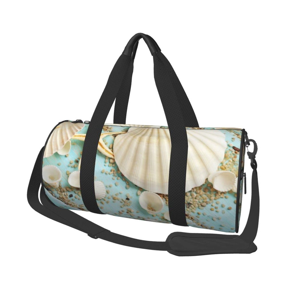 Casual Large Capacity Round Ocean Sea Beach Seashells Starfish Blue Duffel Bag, Sports Training Round Bag, Cylinder Bag