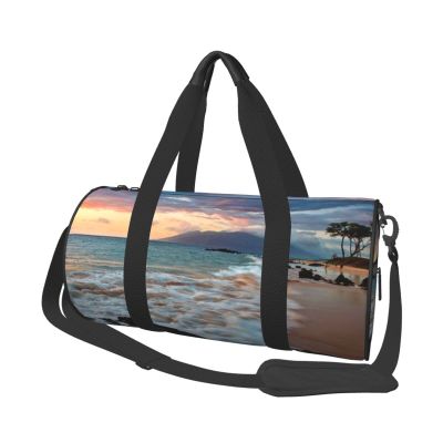 Casual Large Capacity Round Beach Maui Hawaii Sunset Sea Waves Clouds Duffel Bag, Sports Training Round Bag, Cylinder Bag