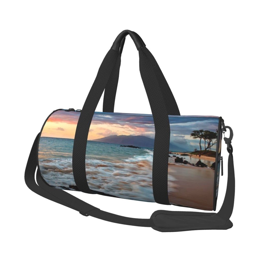 Casual Large Capacity Round Beach Maui Hawaii Sunset Sea Waves Clouds Duffel Bag, Sports Training Round Bag, Cylinder Bag