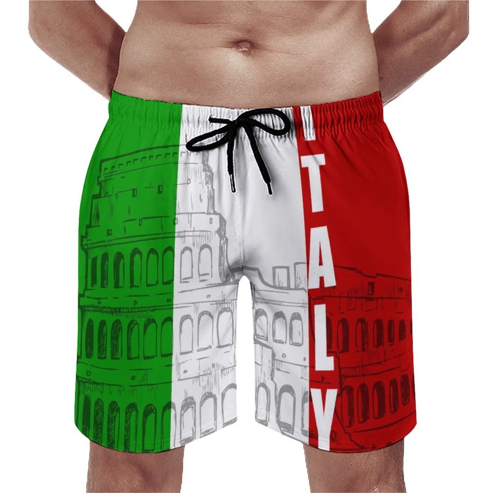 Roman Colosseum Italian Flag Mens Swim Trunks Quick Dry Swim Shorts Bathing Suit Beach Swim Board Shorts with Pockets 3XL