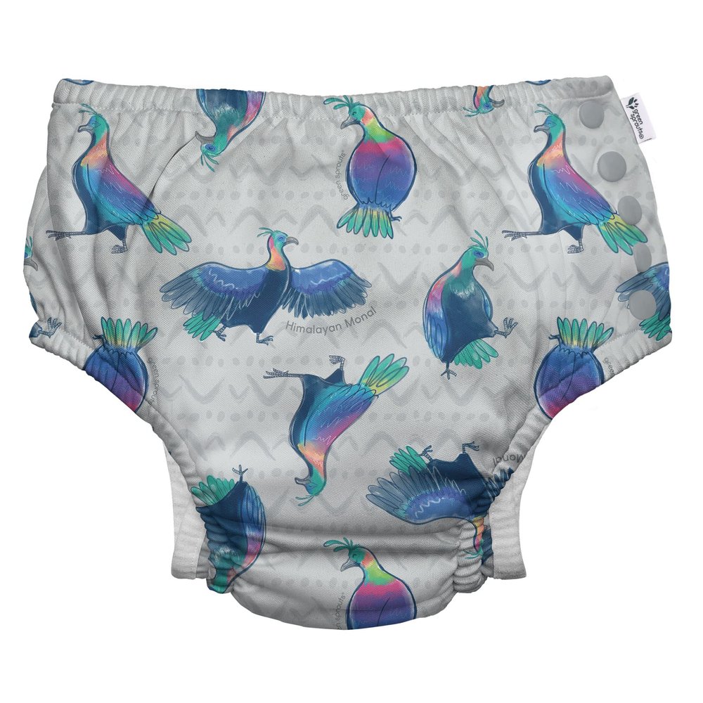 i play. by green sprouts Reusable, Eco Snap Swim Diaper with Gussets, UPF 50, 3T, Gray Himalayan Monal - Biodiversity, Patented Design, STANDARD 100 by OEKO-TEX Certified
