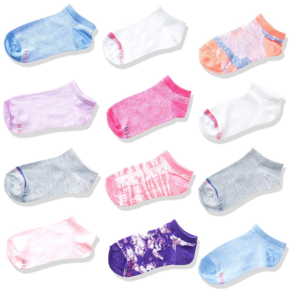 Hanes Girls' No Show Socks, 12-Pair Pack, Assorted Colors & Prints, Ankle-Length, Cushioned, Regular Fit, Lightweight, Machine Washable