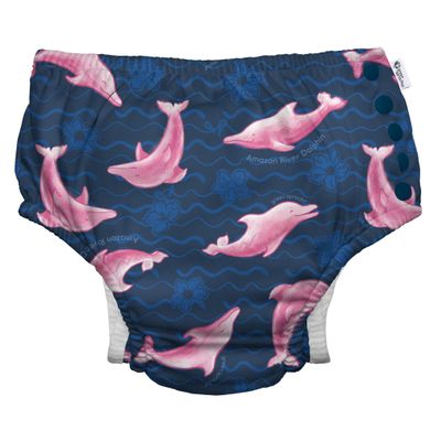 i play. by green sprouts Reusable, Eco Snap Swim Diaper with Gussets, UPF 50, Patented Design, STANDARD 100 by OEKO-TEX Certified - Navy Amazon River Dolphin - 24 mo