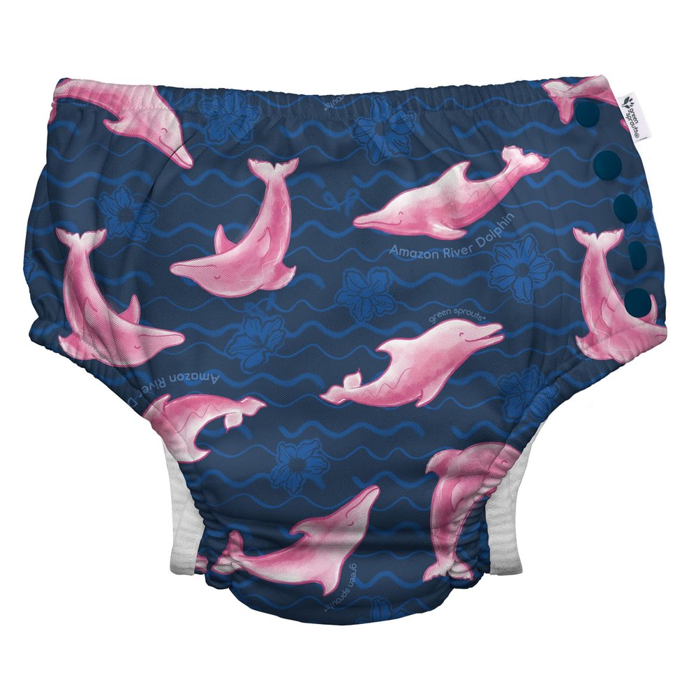 i play. by green sprouts Reusable, Eco Snap Swim Diaper with Gussets, UPF 50, Patented Design, STANDARD 100 by OEKO-TEX Certified - Navy Amazon River Dolphin - 24 mo