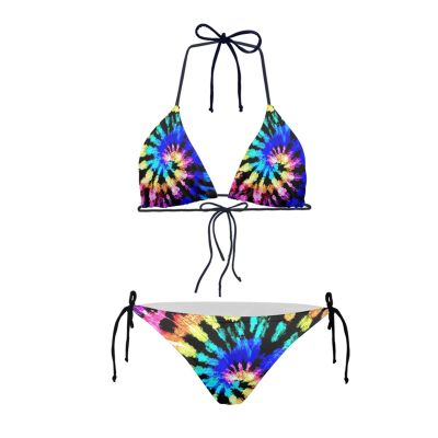 JEOCODY Spiral Tie Dye Print Two Pieces Bikini Set String Triangle Bikini Sets