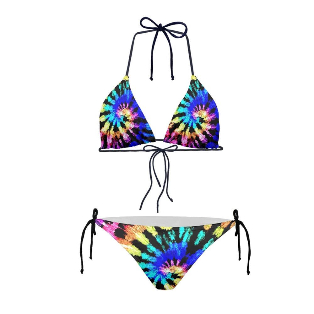 JEOCODY Spiral Tie Dye Print Two Pieces Bikini Set String Triangle Bikini Sets
