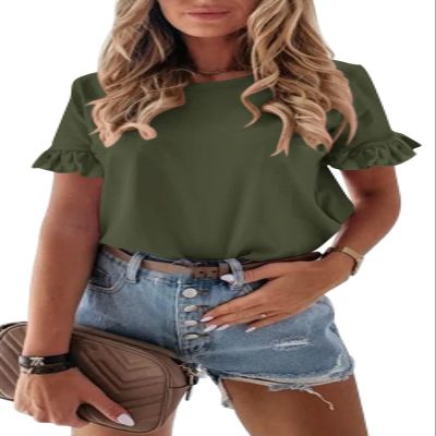 PRETTYGARDEN Women's Short Sleeve Casual T Shirts Summer Ruffle Plain Round Neck Loose Fit Tee Blouse Tops (Army Green,L)