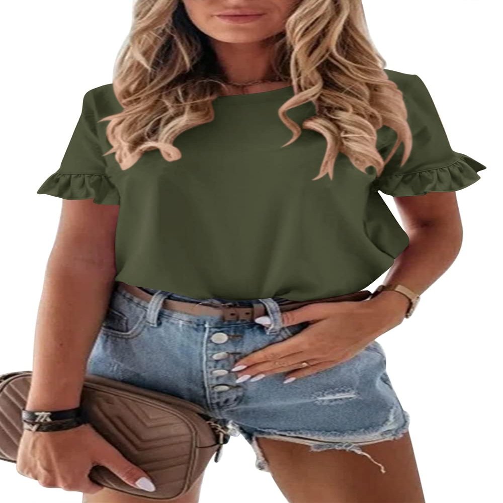 PRETTYGARDEN Women's Short Sleeve Casual T Shirts Summer Ruffle Plain Round Neck Loose Fit Tee Blouse Tops (Army Green,L)